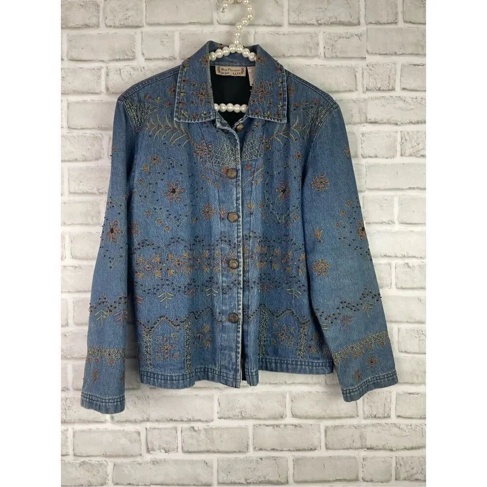 Vintage New Directions Jacket Women's Small Denim Beaded Southwestern Buttons Em
